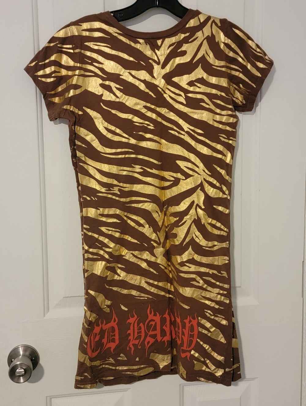 Vintage 90's Ed Hardy Rhinestone Skull/Gold/Brown Zebra Print/Mini Dress, Medium - Picture 6 of 12